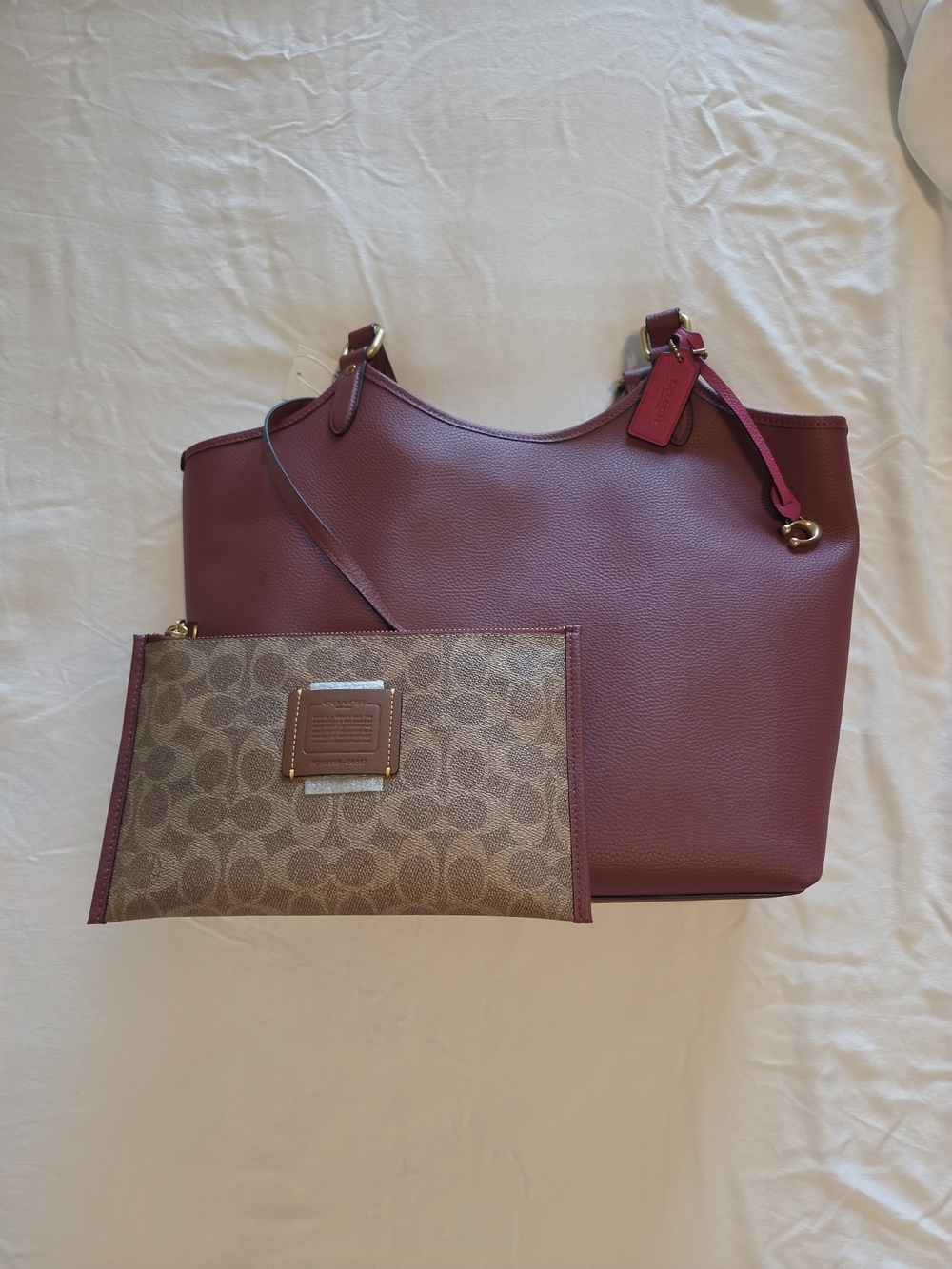 Coach Pebbled Leather Tote with Signature Pouch - Cherry